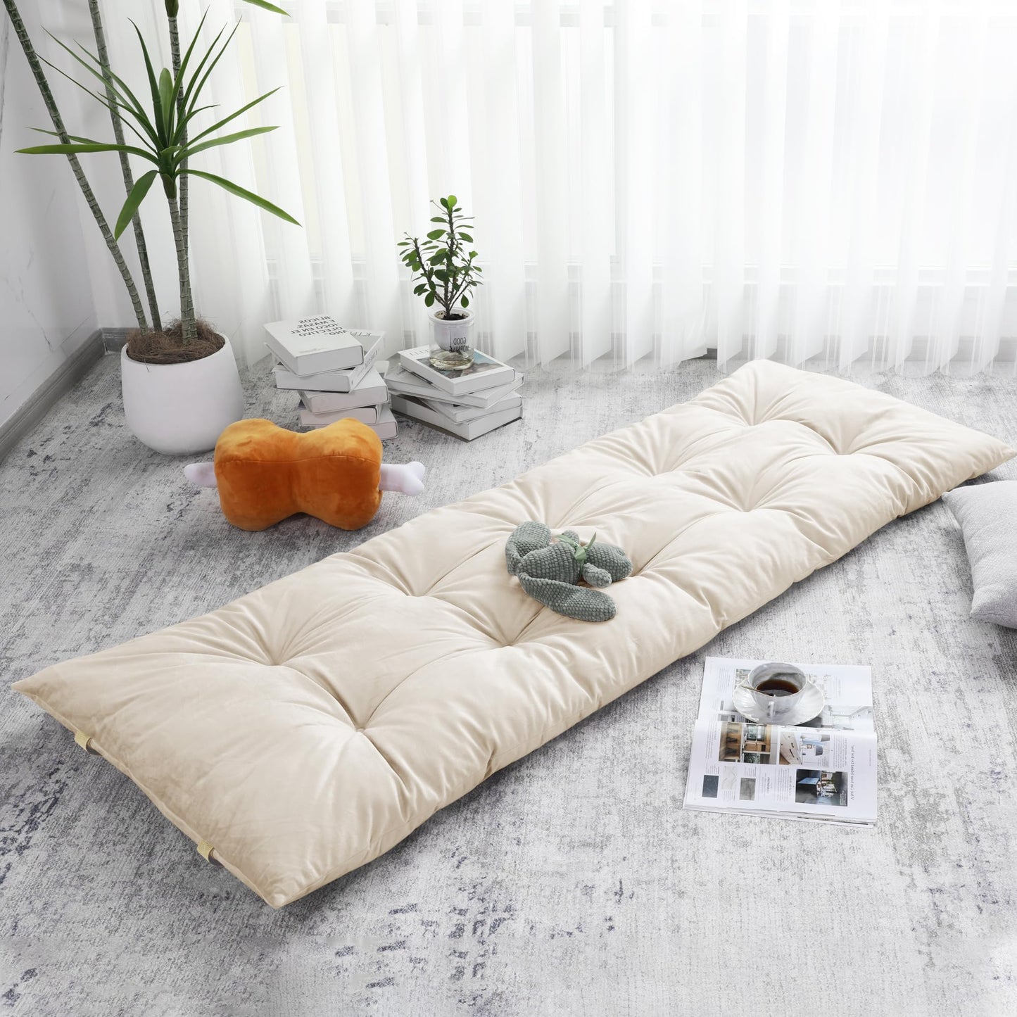 HOMBYS Floor Lounger Pillow Foldable and Tufted Design Long Floor Cushion for Yoga, Reading, Sleeping, Meditation, Elastic Band for Roll Up and Easy Storage, Machine Washable (Beige, 62"x27")