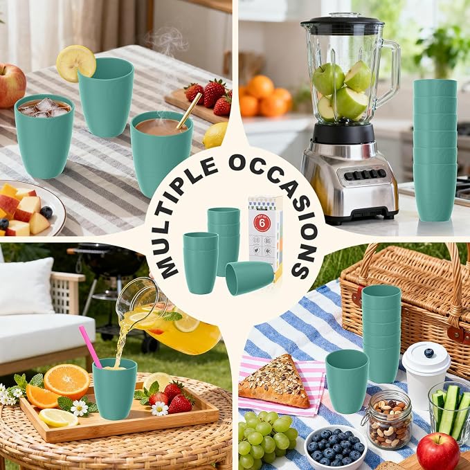 Wheat Straw Plastic Cups Set 6 PCS, 12 OZ Unbreakable Reusable Plastic Cups, Dishwasher Safe Kids Drinking Cups for Indoor and Outdoor Use, Green
