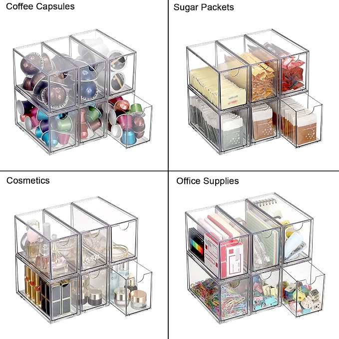 ELLDOO 6 Drawers Tea Bag Organizer, Clear Acrylic Stackable Tea Bag Storage Holder for Kitchen Pantry, Coffee Pod Snack Storage for Countertop Cabinet