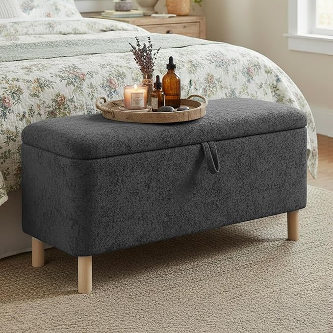COLAMY Ottoman with Storage, Storage Ottoman Bench, End of Bed Storage Bench, Square Ottoman Foot Rest, Entryway Bench with Seating and Wood Legs for Living Room, Bedroom, Dark Grey