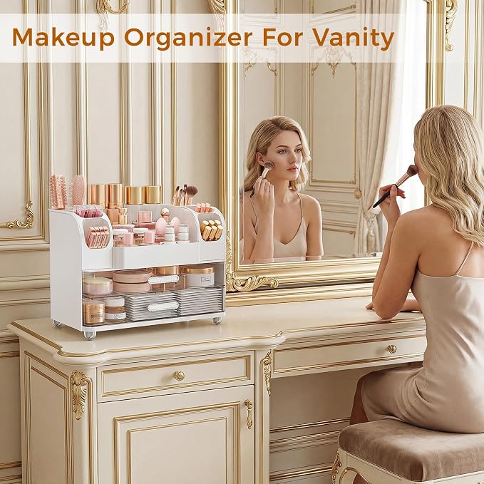 Makeup Organizer for Vanity with Drawers, Large Countertop Makeup Organizer - Skincare Storage, Brush Holder, Perfume & Cosmetics Display Case (White)