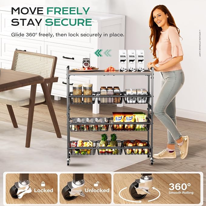 Cinati 4-Tier Utility Kitchen Cart with Wood Top, 29" W Kitchen Storage Cart with 8 Baskets & Handle, Metal Snack Cart with Wheels, Adjustable Pantry Organizer and Storage Cart for Fruit, Vegetables