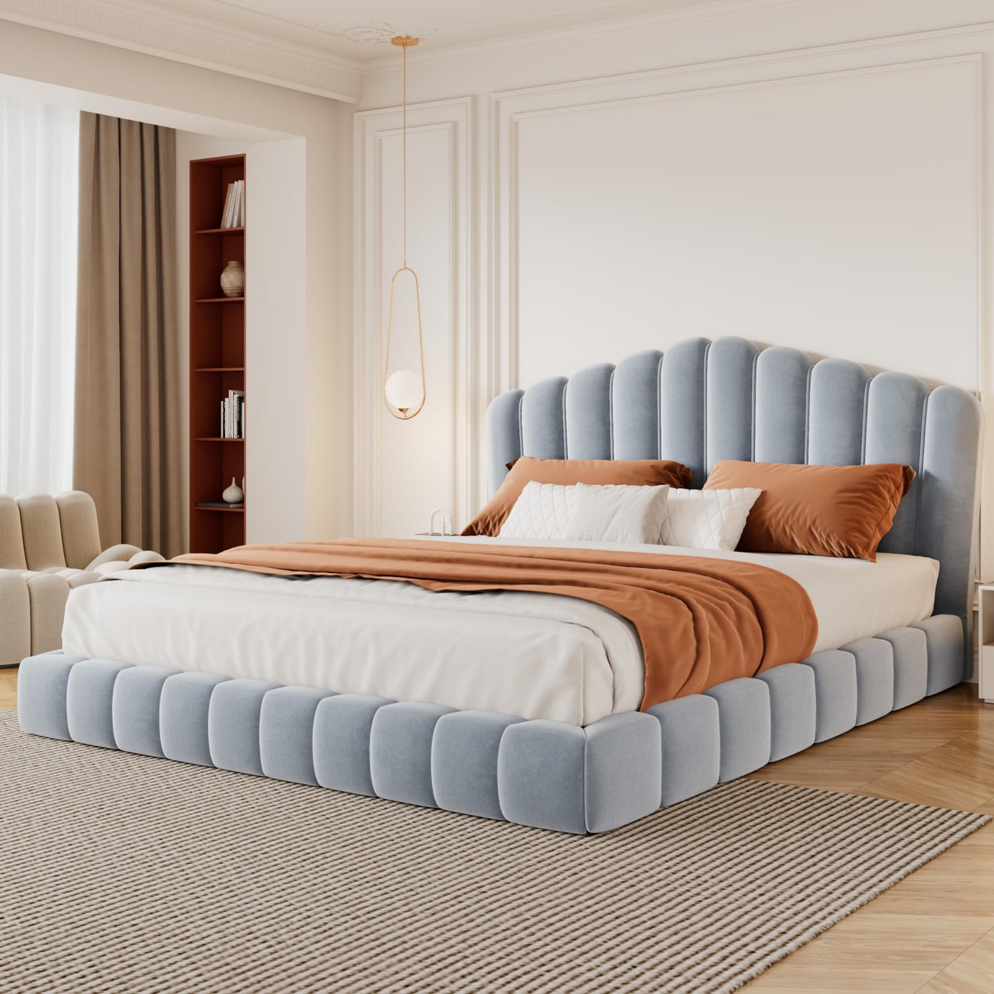 Merax Queen Size Floor Platform Bed Frame,Velvet Upholstered Bedframe with Shell-Shaped Headboard and Cushioning All Around Guards for Bedroom,No Box Spring Needed,Light Blue