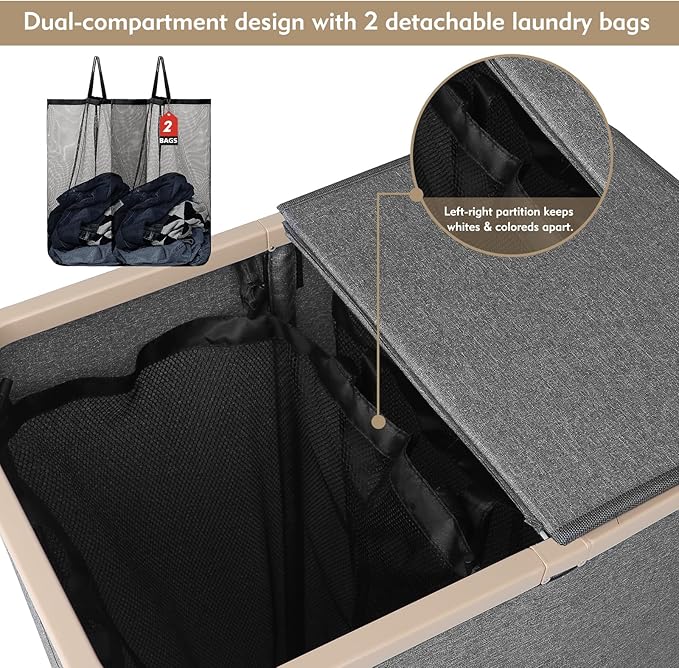 DOKEHOM 160L Extra Large Laundry Hamper with Lid, 2-Section Double Laundry Basket with Removable Mesh Liner Bags, Collapsible Clothes Sorter for Family, Bedroom, Laundry Room, Dark Grey