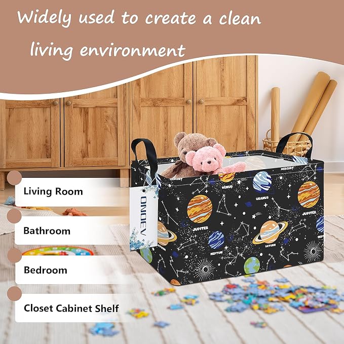 Rectangular Space Planet Pattern Storage Bin, Decorative Canvas Laundry Basket with Dual Handles, Foldable Household Toy Organizer, Multipurpose Party Gift Basket for Bedroom Dorm