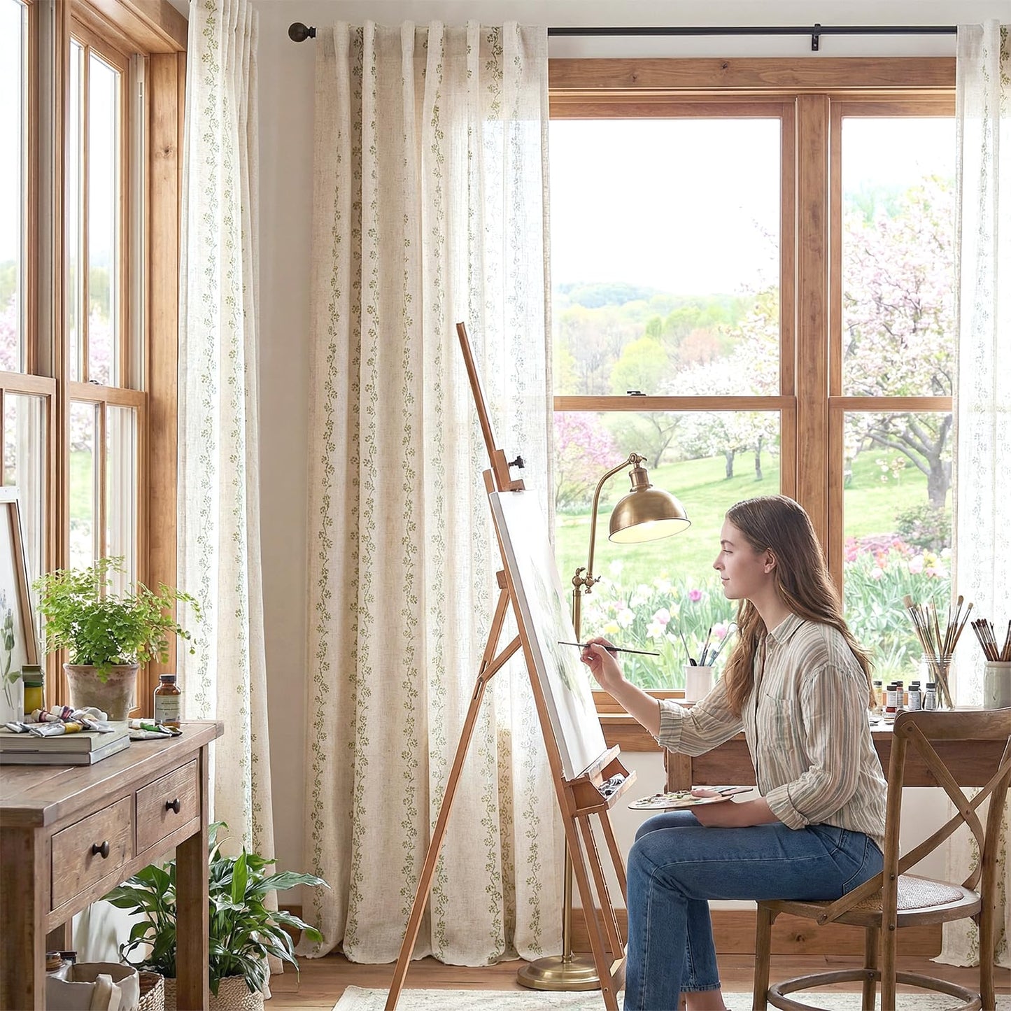 Lazzzy Cathy Linen Floral Curtains for Living Room 84 inch Length 2 Panels Set 7 ft Farmhouse Printed Curtains for Bedroom Spring Decor for Window W50 x L84 Sage Green on Linen