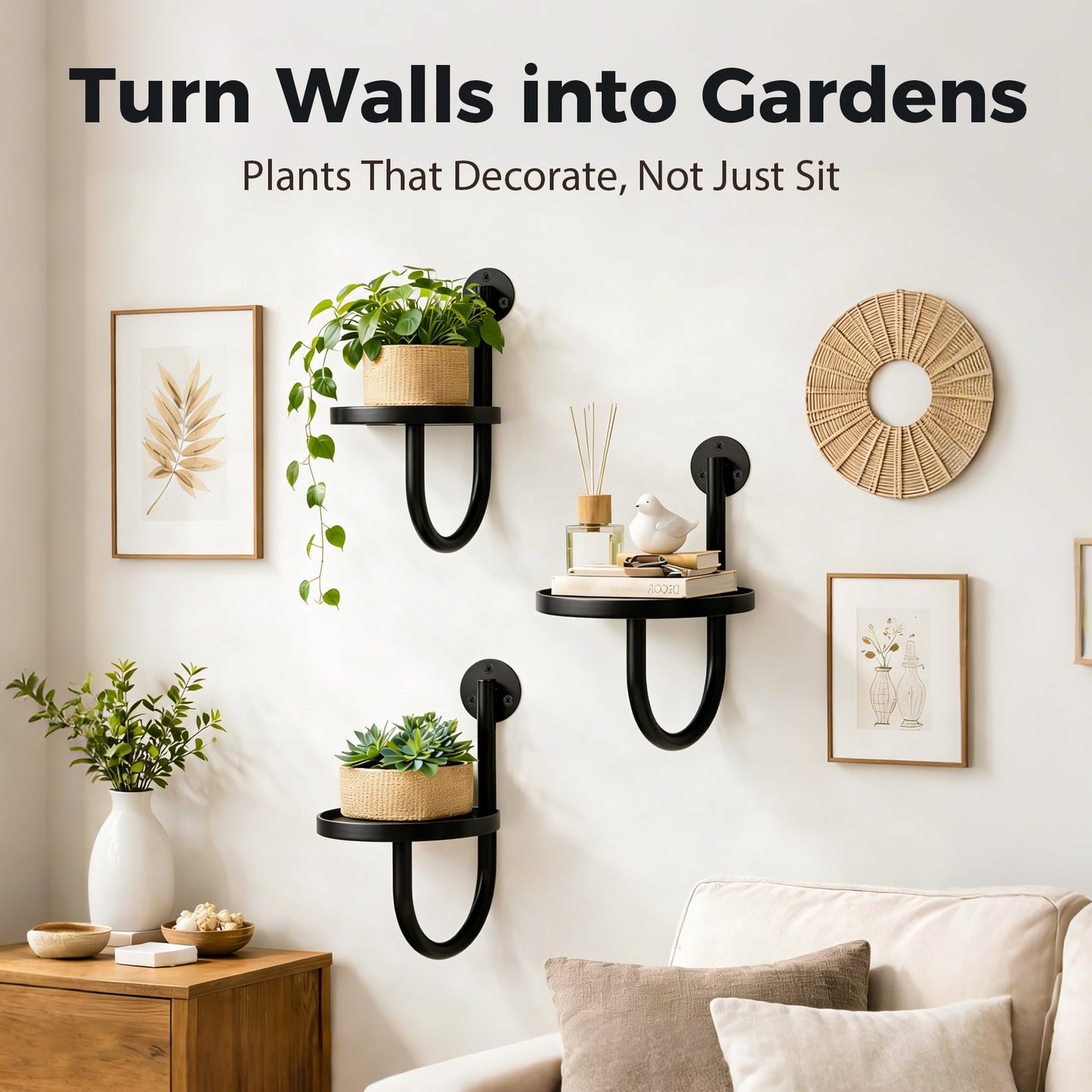 SUNCKET Wall Plant Holders for Indoor Plants, 3 Pack Metal Wall Mounted Plant Shelves，Modern Window Plant Hanger, Space Saving Hanging Planters for Living Room Bedroom Kitchen Bathroom Office Decor, Black