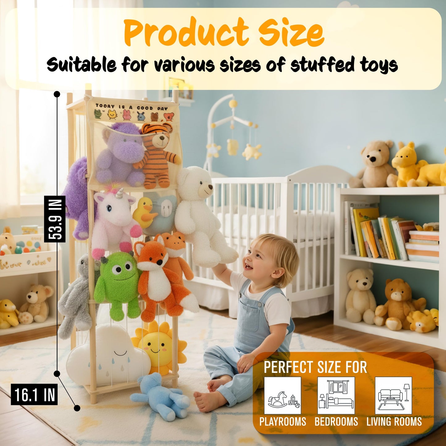 54-Inch Tall Stuffed Animal Storage Organizer - Premium Wooden Plush Toy Holder Zoo, Large Toy Storage Tower with Elastic Rope & Side Storage Bag for Kids Room, Nursery, Playroom, Corner (Sprinoak)