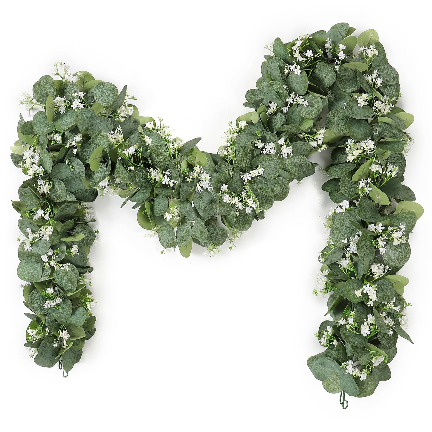 KHOYIME Eucalyptus Garland with White Flowers, 2 Packs 5.9Ft Artificial Silver Dollar Eucalyptus Leaves Plant Fake Greenery Hanging Ivy Vines Faux Wreath for Wedding Arch Party Mantle Table Home Decor