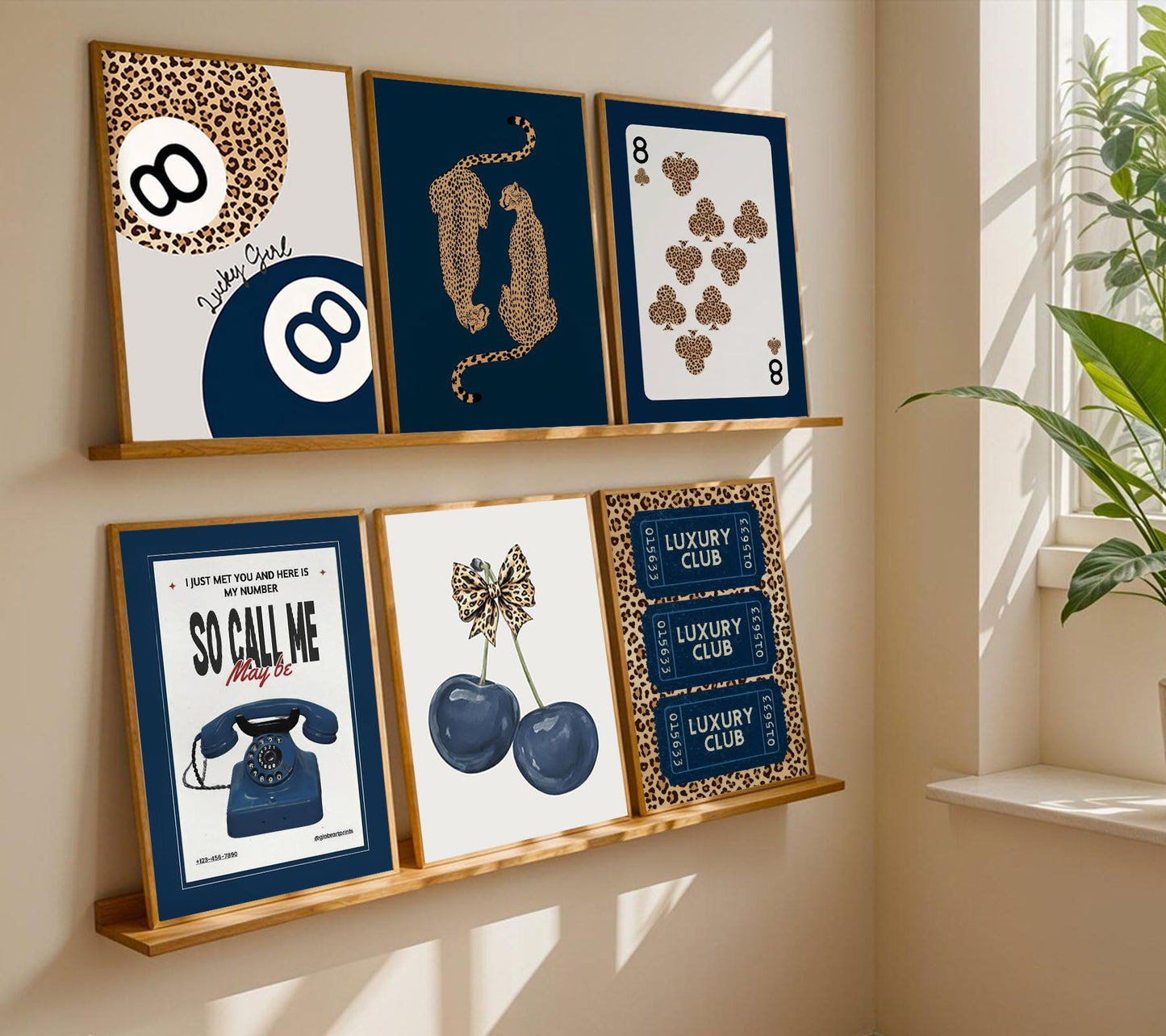 6Pcs Navy Blue Trendy Leopard Canvas Wall Art Fashion Lucky 8 Ball Painting pictures Preppy Y2K Aesthetics Wall Decor Trend Cheetah Prints Artwork for College Dorm Home Decoration 8x10in Unframed