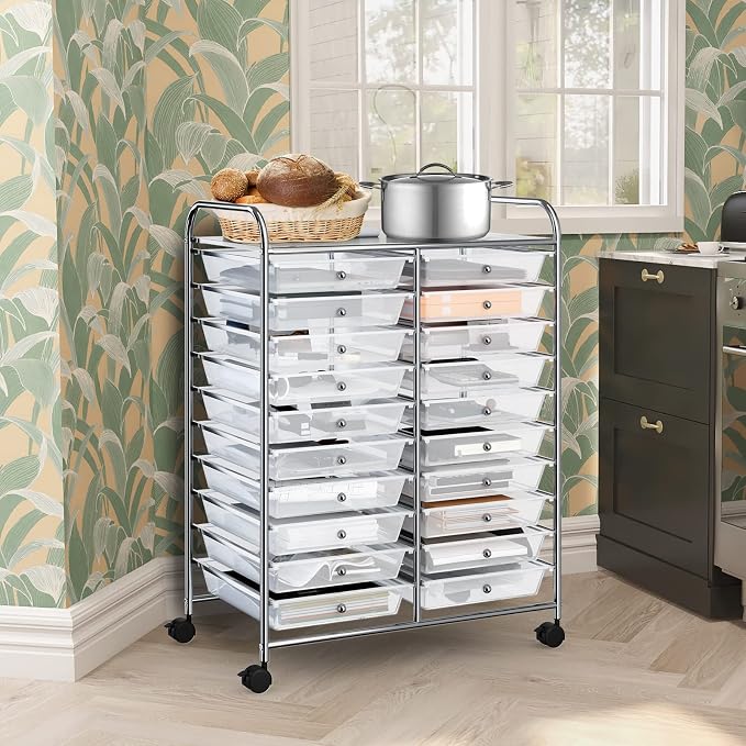 COSTWAY 20 Drawers Rolling Storage Cart, Multipurpose Movable Organizer Cart for Tools, Scrapbook, Paper, Craft, Utility Storage Trolley on Wheels for Home Office School (Clear)