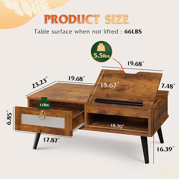 WLIVE Coffee Table, Lift Top Coffee Table with Storage Shelf, Drawer, Height Adjustable and Tilting Tabletop for Living Room, Mid Century Modern, Wood, Rustic Brown