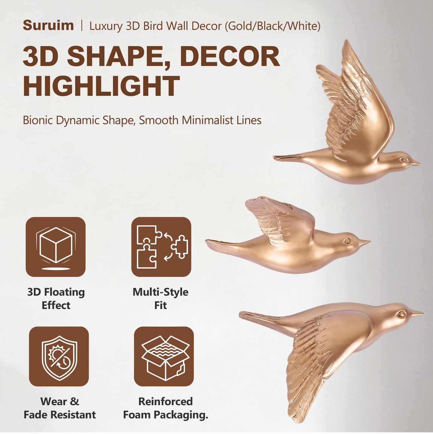 suruim Bird Wall Sculptures Set of 3-3D Wall Art Decor for Living Room, Home Decor Modern Golden Wall Decor & Bird Gallery Wall Art (Gold)