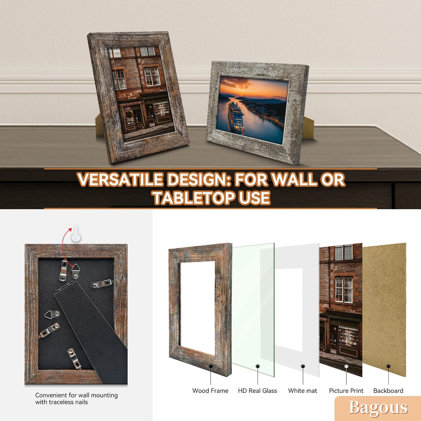 Bagous 5x7 Picture Frames Set of 8, Vintage Rustic Farmhouse Industrial Style Photo Frames, High Definition Real Glass, for Tabletop or Wall Hanging