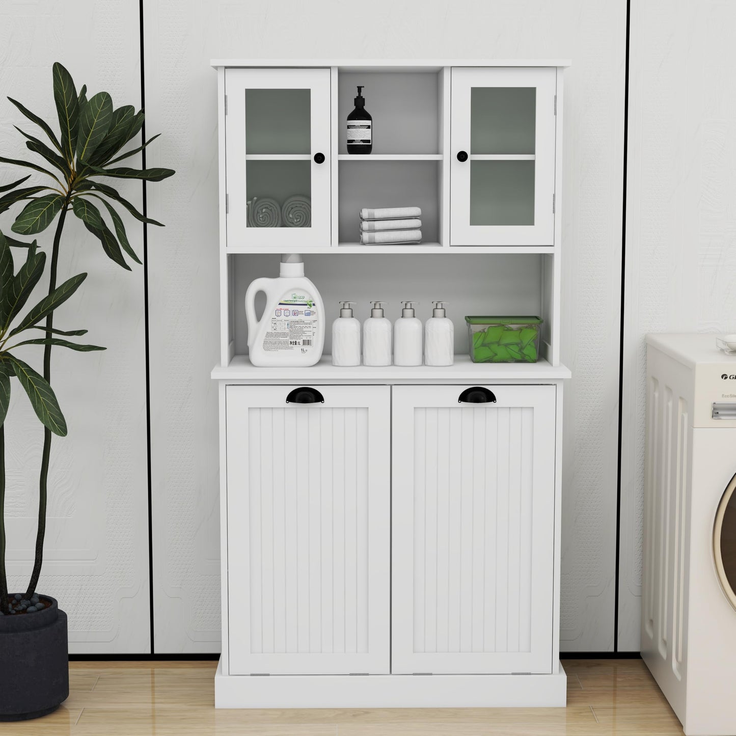 agnixnaf Two-Compartment Tilt-Out Dirty Laundry Basket Tall Bathroom Cabinet with 2 Adjustable Shelves-White