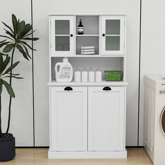 Gecheer Two-Compartment Tilt-Out Dirty Laundry Basket Cabinet - Space-Saving and Functional Storage Cabinet Organizer, Storage Unit Shelves, for Bathroom Living Room Dining Kitchen YJXW1120S00001