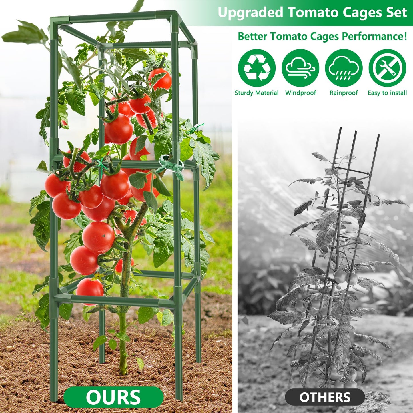 SprintGy 3 Pack Square Tomato Cages, 49'' Tall Heavy Duty Steel Tomato Trellis Kit for Garden, Plant Support Tower Stakes Cucumber Pepper Trellis for Climbing Vegetable Flowers