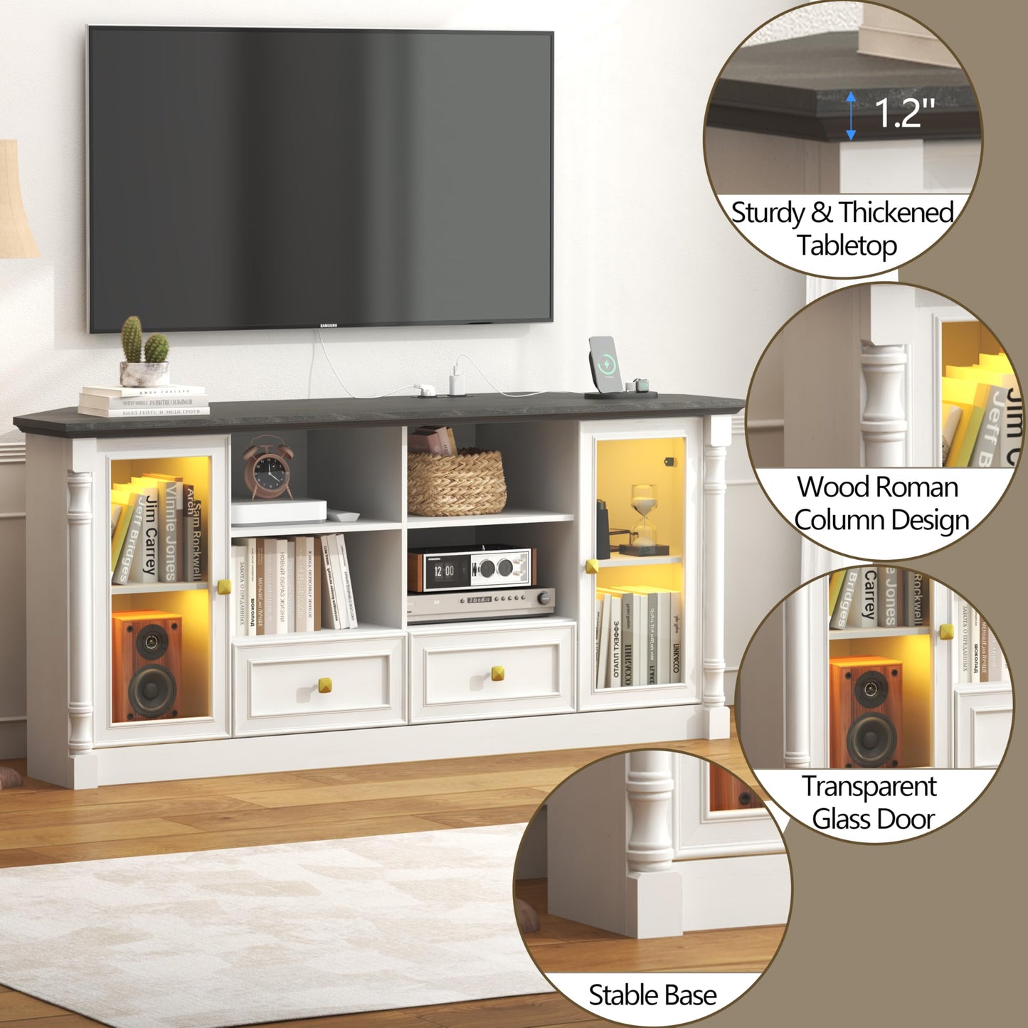 Corner TV Stand for 55 60 65 Inch TVs, Farmhouse Entertainment Center with 2 Storage Drawers and 2 Display Cabinet & Power Outlet and LED Lights, Wood TV Console Table for Living Room, Bedroom, White