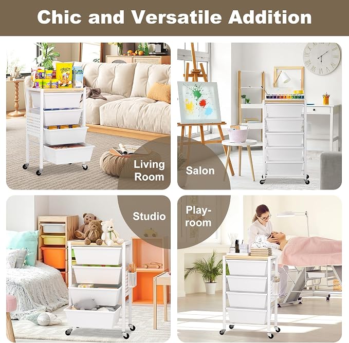 Rolling Cart with Drawers, Rolling Storage Cart with 6 Large Plastic Drawers & Wooden Tabletop, Utility Cart with Pegboards & Basket, Storage Drawers Cart for Living Room, Classroom, Bedroom, Office