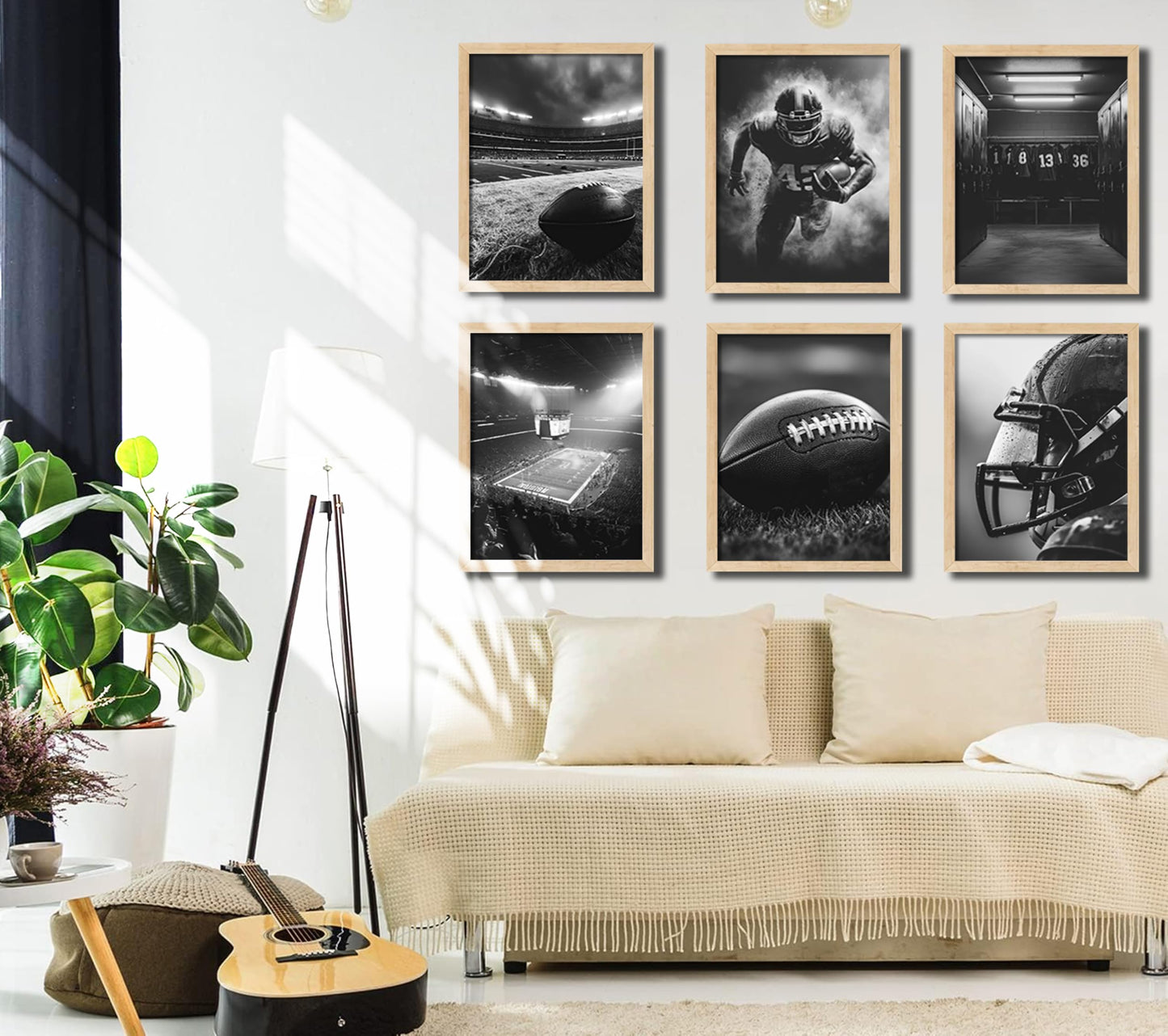 6Pcs Football Canvas Wall Art Rugby Field Stadium Sports Theme Picture Wall Decor Black White American Football Gaming Posters Painting Prints Artwork for Kids Boys Room Locker Room Dorm Living Room