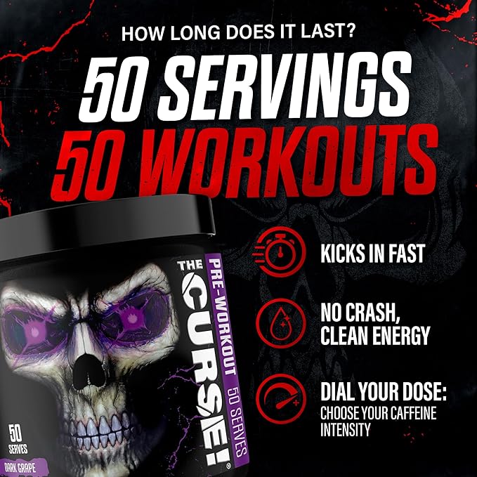 JNX SPORTS The Curse! Pre Workout Powder for Men & Women, Caffeine, Beta-Alanine, Creatine, L-Citrulline, 50 Servings, Dark Grape Flavor ??Boost Energy, Strength & Focus