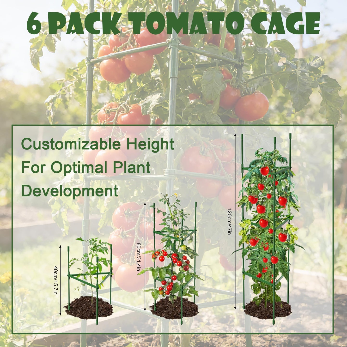 6-Pack Tomato Cages & Trellis – Outdoor Garden Adjustable Plant Support & Stakes for Home Gardeners, Raised Garden Beds & Patio, Supports Climbing Tomatoes, Vegetables & Flowers (Up to 47.2'' High)