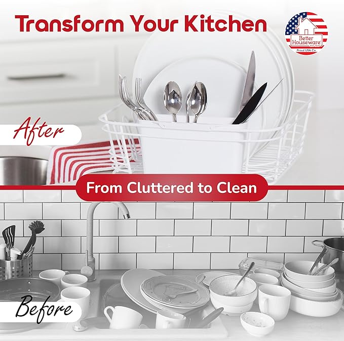 Better Houseware Dish Drying Rack, Space-Saving Dish Drainer Rack for Kitchen Counter, Kitchen Dish Strainer 2-Piece Set with Utensil Holder, White
