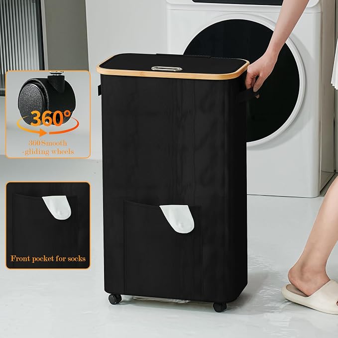 Laundry Basket with Wheels, Dirty Clothes Hamper on Wheels, Rolling Tall Laundry Hamper with lid for Laundry Room, Dorm and Bathroom, 75L Black
