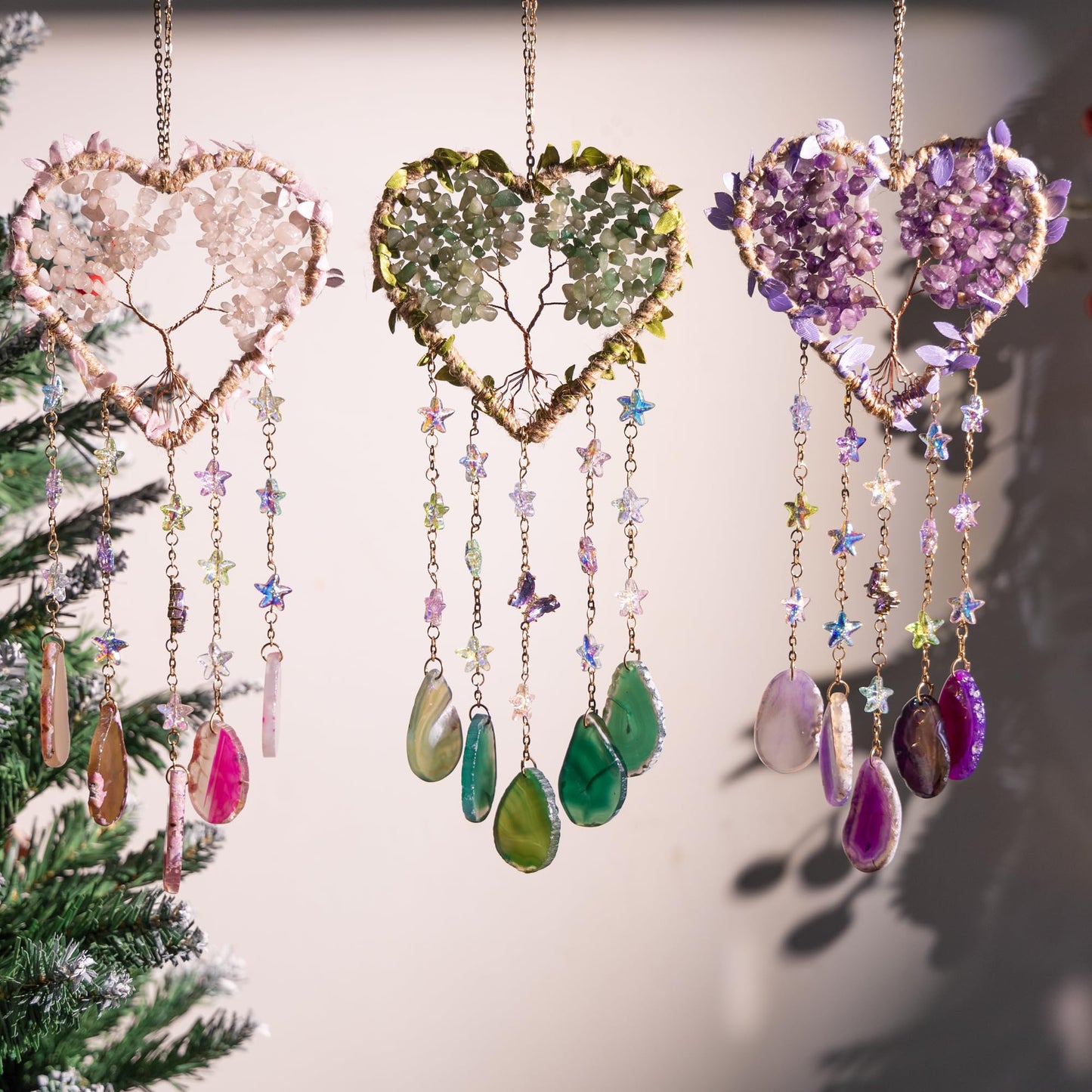Heart Crystal Suncatcher, Dreamocean Amethyst Sun Catcher for Windows Haning Decor Crystal Tree of Life Dream Catchers Wall Hangings Outdoor Garden Decor for Adults Girls