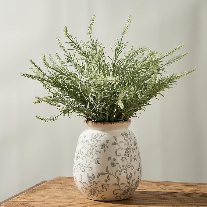 SIDUCAL Ceramic Vintage Pastoral Vase, 7.2 Inch Chinoiserie Floral Vase, Retro Ice Cracked Rustic Farmhouse Vases for Home Decor, Living Room, Bookshelf, Office, Tuscan Decor, Gray Floral