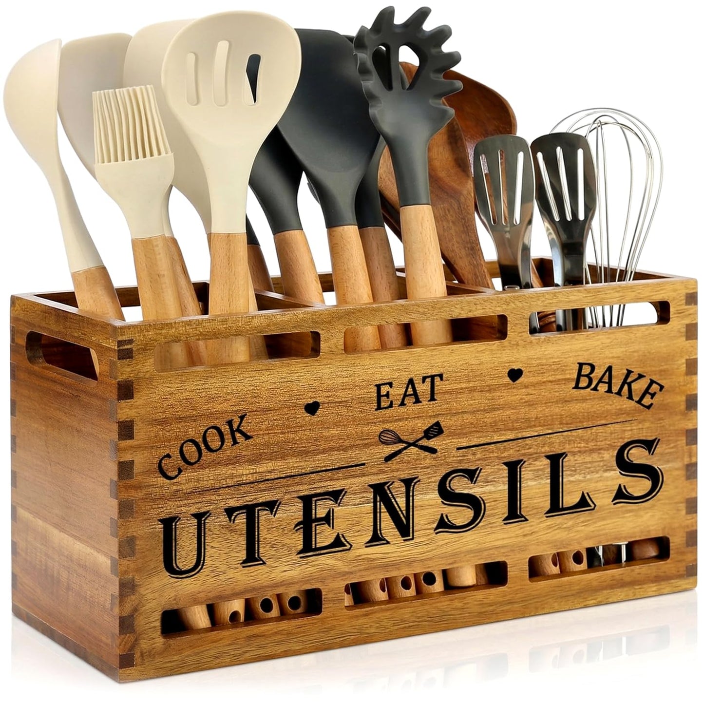 Acacia Wood Extra Large Utensil Holder for Kitchen Counter Rustic Spatula Holder For Counter Top Organizer Kitchen Cooking Utensil Storage Countertop Silverware Caddy Wooden Spoon Kitchen Tools Holder