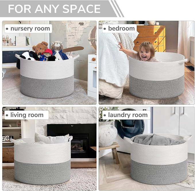 INDRESSME 115L Extra Large Blanket Basket, Soft Cotton Rope Storage Basket for Organizing, Home Decor, Toys, Laundry & Towels, Toy Storage Organizer for Living Room & Nursery, Light Grey
