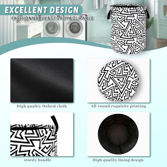 Black White Abstract Arrow Laundry Basket Foldable With Handles Tote Bag Oxford Cloth Funny Laundry Hamper Clothes Storage Bucket Toy Organizer 18.9" x 16.5" For Bathroom/Laundry/Bedroom