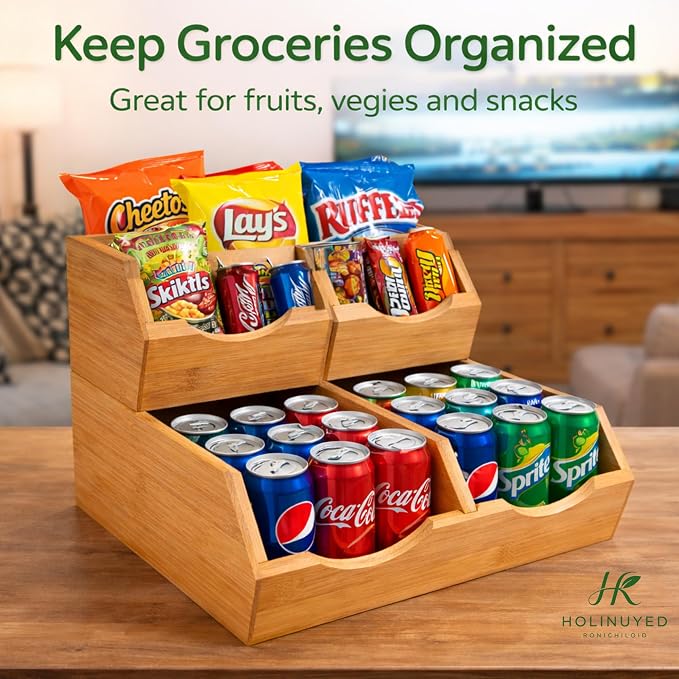 Bamboo Pantry Storage Bins Set of 3, Stackable Potato and Onion Storage Bin, Produce Organizer for Pantry, Wooden Fruit Vegetable Storage Bins with Handles & Slide-Out Access