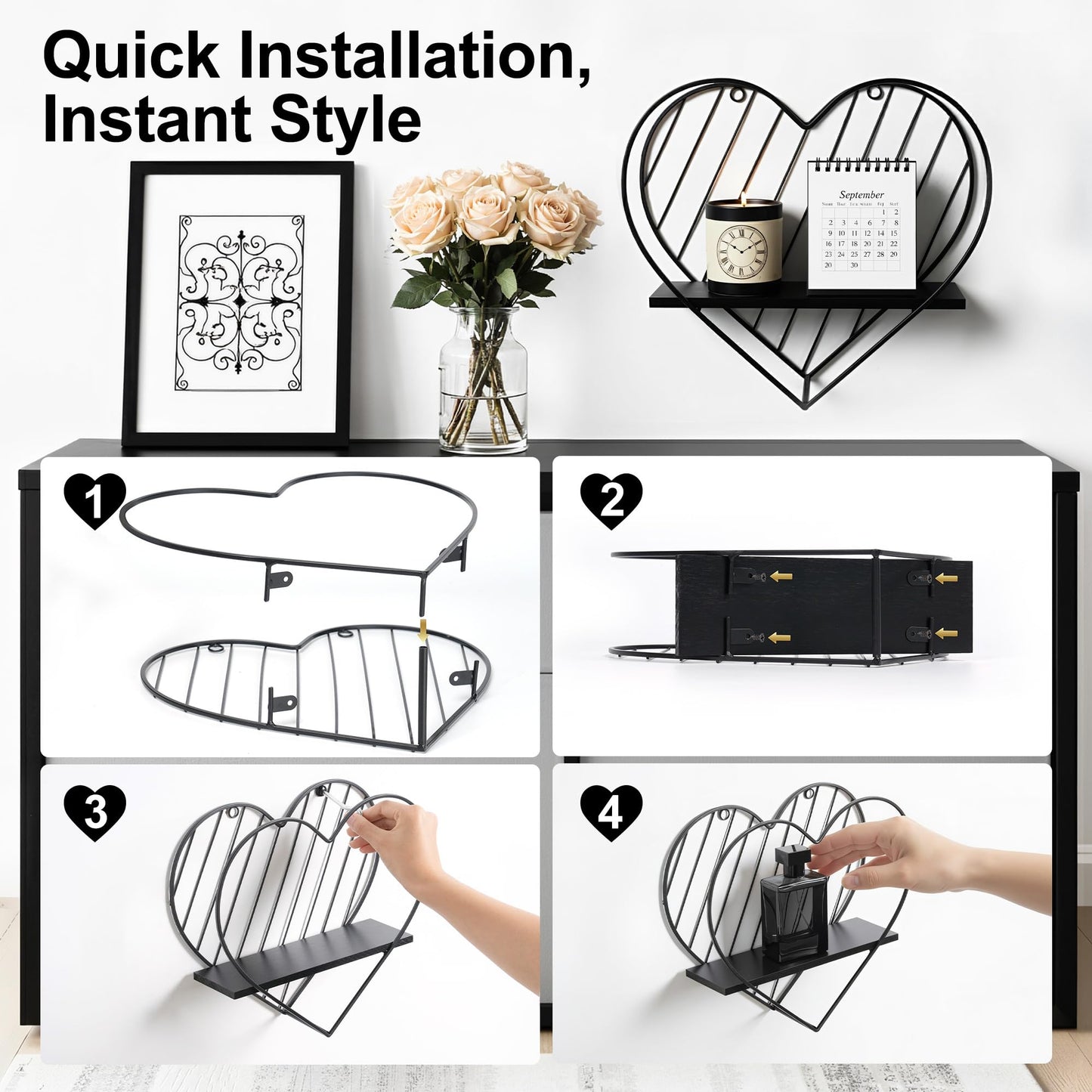 Afuly Floating Shelves - Black Wall Shelf, Heart Shaped Modern Minimalist Storage Rack Organizer for Bedroom, Bathroom, Living Room Home Decor