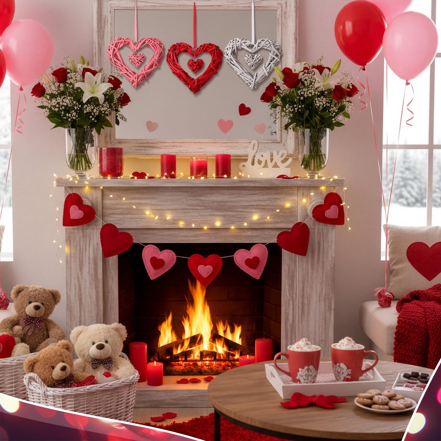 Amyhill 3 Pcs Large Valentine's Day Rattan Hearts Themed Hanging Decor Heart Shape Wicker Wreath Rustic White Pink Red Ornament for Weddings Holiday Party Home Decoration Wall Front Door Display