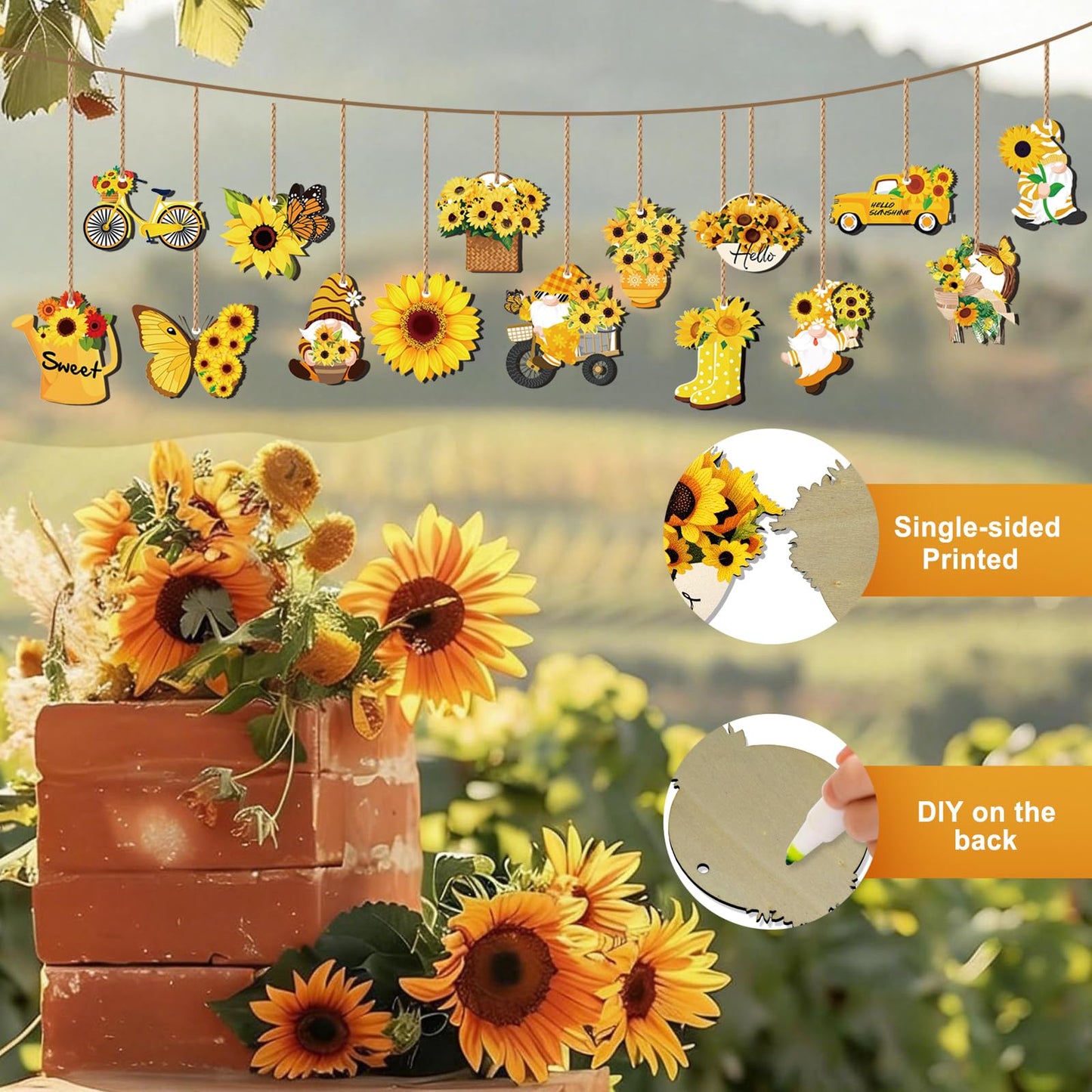 AFWHGM Sunflower Summer Wooden Ornaments Set - 30 Pcs Sunflower Tree Ornaments Garden Gnome & Flower Decor for Tree, Spring to Summer Home and Party Decorations