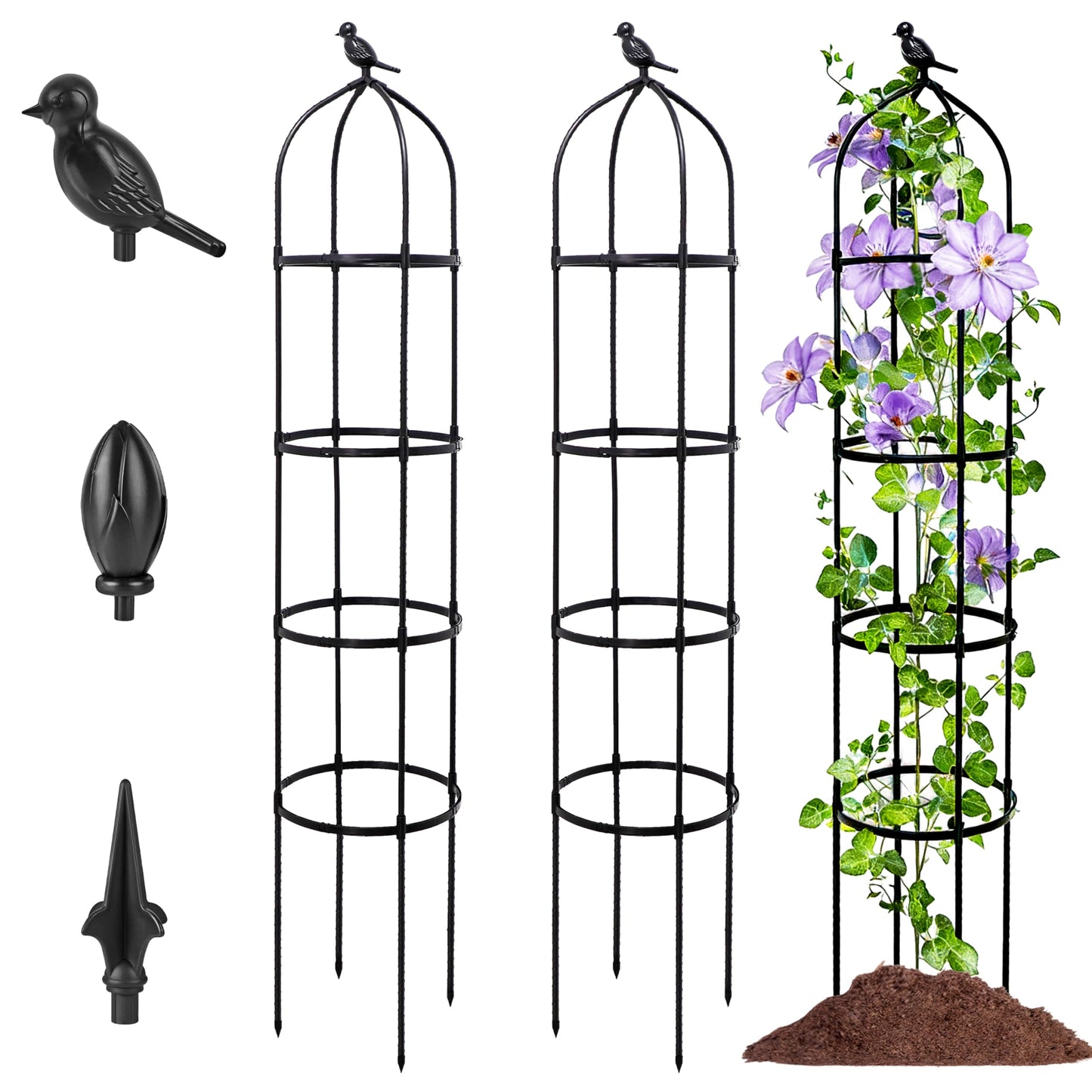 2-Pack 6FT Garden Obelisk Trellis for Climbing Plants,Adjustable 4-Tier Metal Plant Support,Rustproof Outdoor Plant Tower with 3 Decorative Tops for Roses,Tomatoes,Clematis & Vines,Black