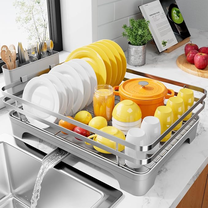 Kitsure Dish Drying Rack - Multi-Functional Dish Rack for Kitchen Counter with Cutlery Holder, Rust-Proof Storage Solution with Rotatable, 15.7" x 12.0" x 5.5", Sliver Grey