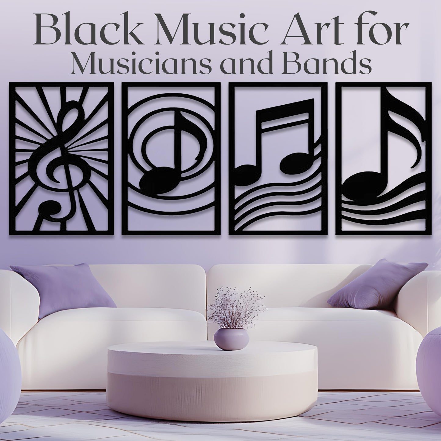 GALLERY GRACE Metal Wall Art Decor – 11" x 16" Set of 4 Single Line Abstract Wall Art for Living Room, Office, or Studio – Modern Minimalist Black Wall Decor with Music Note and Symbol Panels