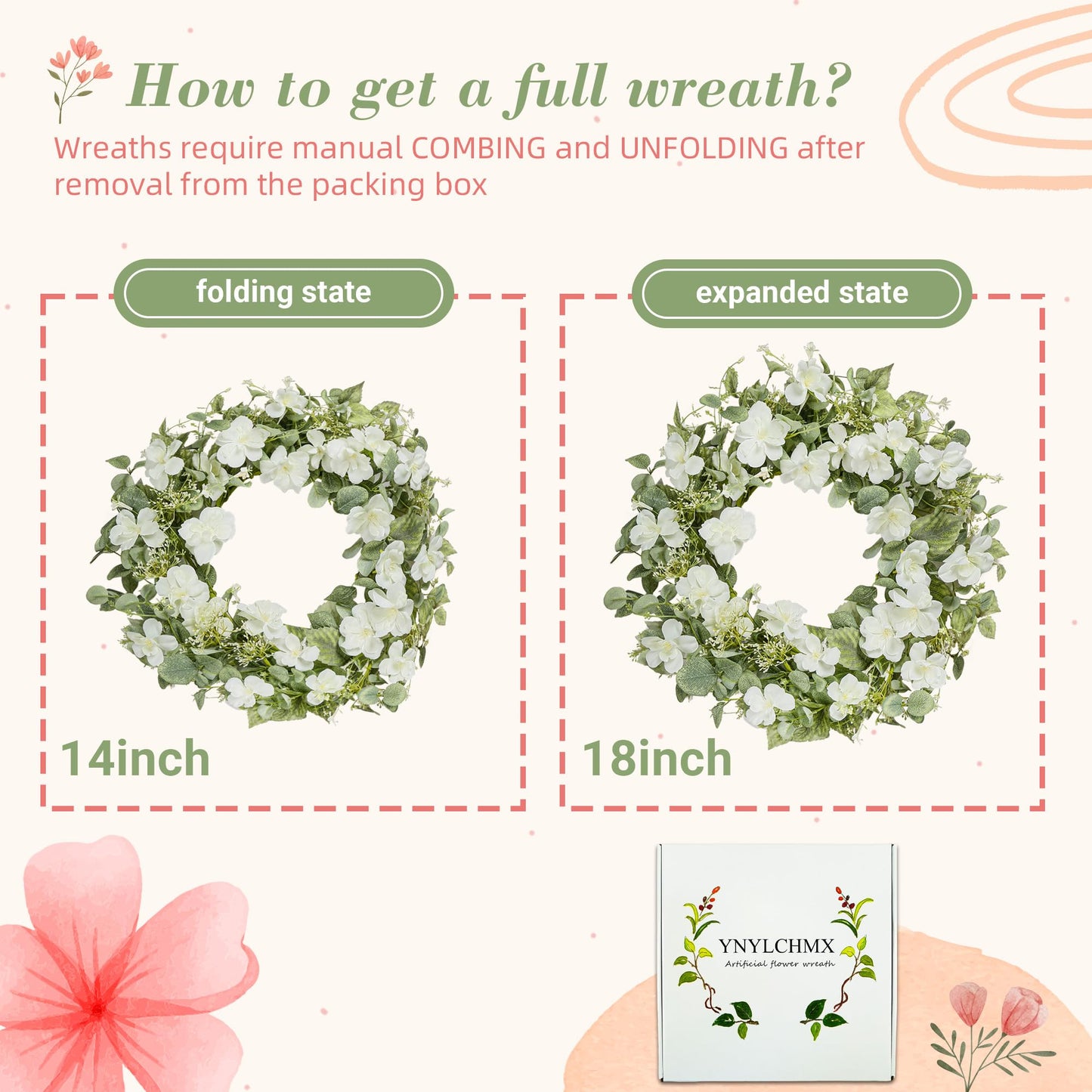 YNYLCHMX 18" Spring Summer Wreaths for Front Door, Artificial Floral Wreath with White Rose Flowers Green Eucalyptus Leaves, Green Foliage Wreath for Wall Window Farmhouse Party Holiday Home Decor