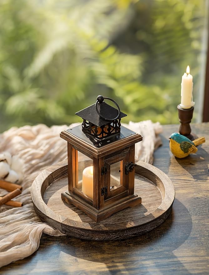 Hanobe Candle Plate Holder Tray: Round Wood Decorative Candle Plate - Rustic Farmhouse CoffeeTable Decor - Tealight Pillar Trays for Home Decor (Distressed)