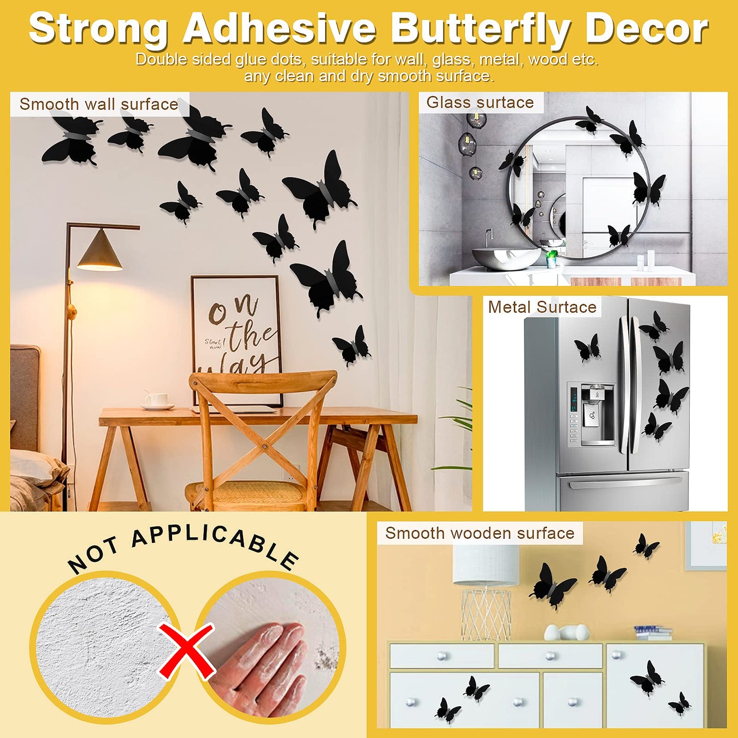 Ryangic 3D Butterfly Wall Decor 48pcs Black Polished Stickers 3 Sizes Durable Butterfly Decals DIY Wall Art for Bedroom Living Room Halloween Decoration Party Indoor (Black)