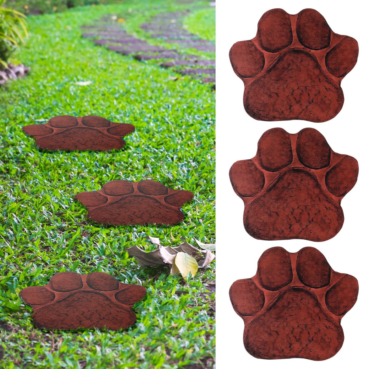 Yaocom 3 Pieces Dog Paw Garden Stepping Stones Garden Decor Cast Irons Dog Rocks Rustic Outdoor Stones Decorative Stone for Garden Walkway Outdoor Decoration, 12 Inch (Brown)