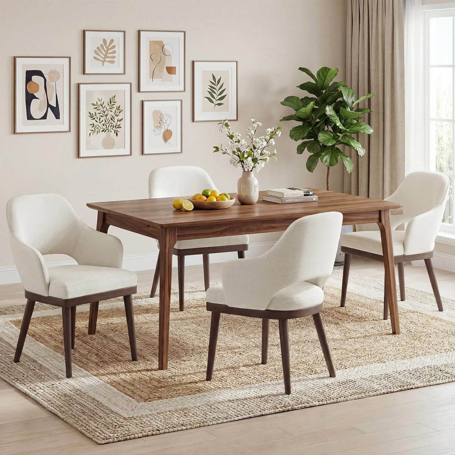MALOL Wooden Dining Chairs Set of 4, Modern Fabric Upholstered Dining Room Chair, Kitchen Side Chairs, Farmhouse Dinner Chair with Open Back for Kitchen, Beige