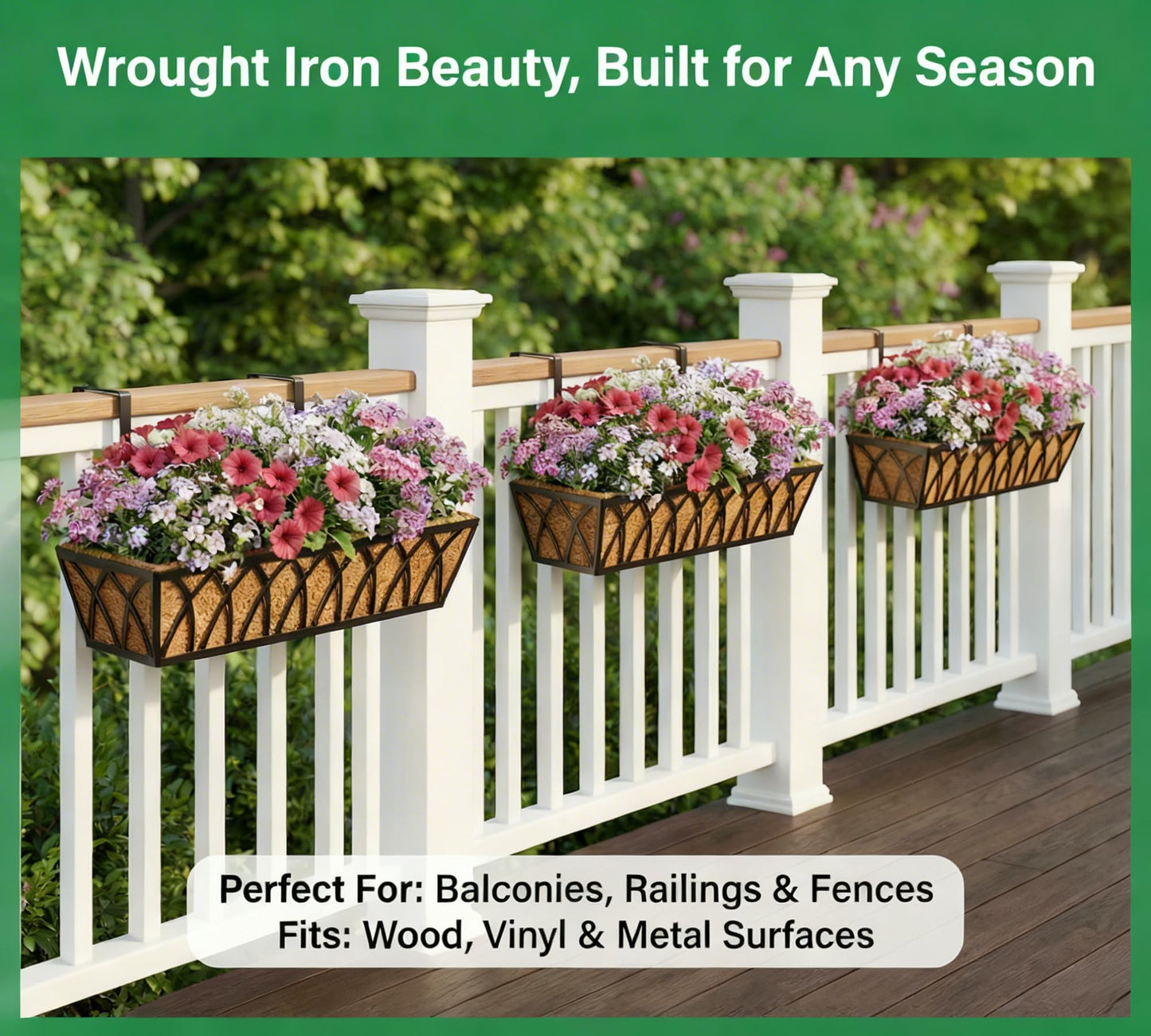 Y&M Railing Planter Boxes, Metal Hanging Balcony Planter, Adjustable Deck Railing Planter for Fence, Window Boxes Outdoor, Heavy Duty Flower Box for Porch Rail-30inch 4pcs