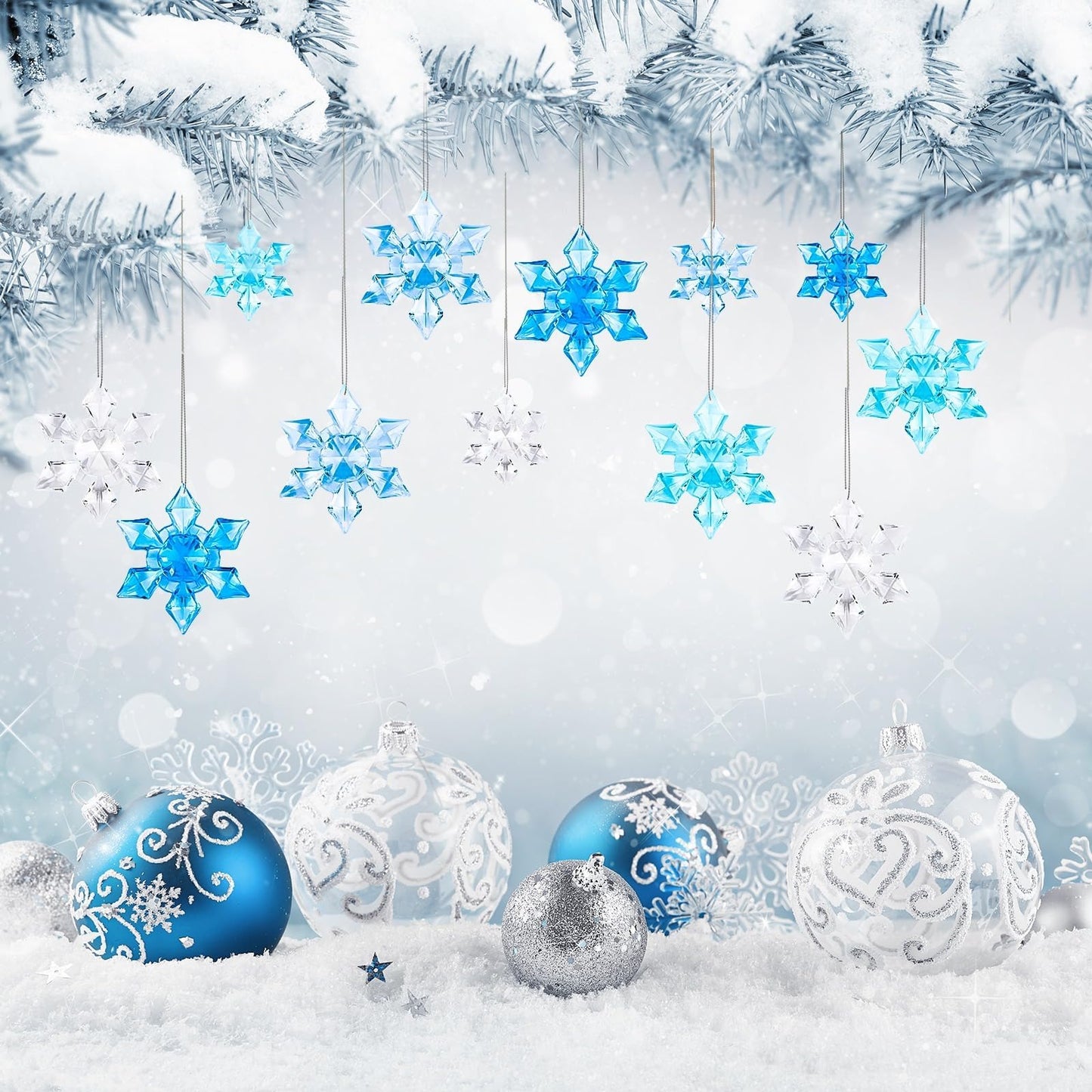 BOARDFEB 60Pcs Christmas Acrylic Snowflake Ornaments, Winter 3D Translucent Hanging Ornaments for Xmas Tree Crystal Snowflake Pendants with Rope for Holiday Party DIY Decor (Blue 43mm/63mm)