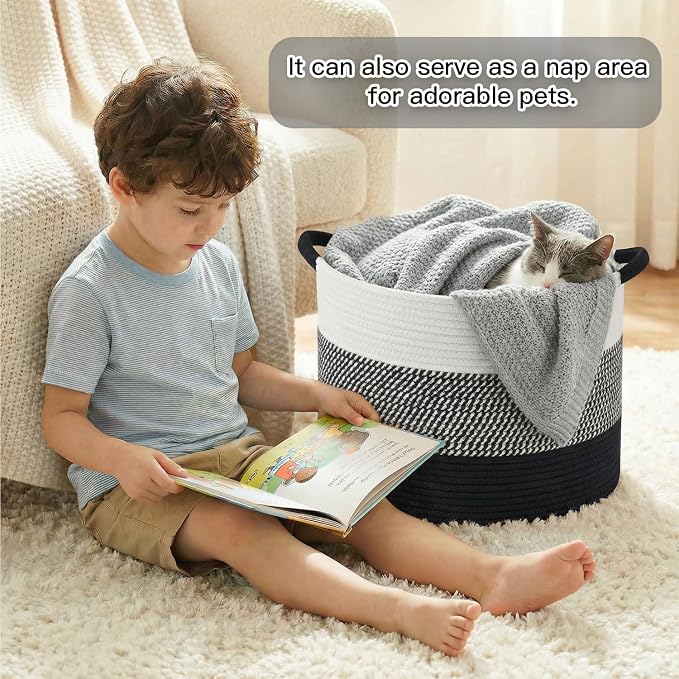 Artfeel 100L Large Cotton Rope Basket, Decorative Woven Blanket Storage for Living Room, Boho Toy Storage & Toy Box for Kids, Versatile Laundry Basket & Nursery Hamper for Blankets(Black)