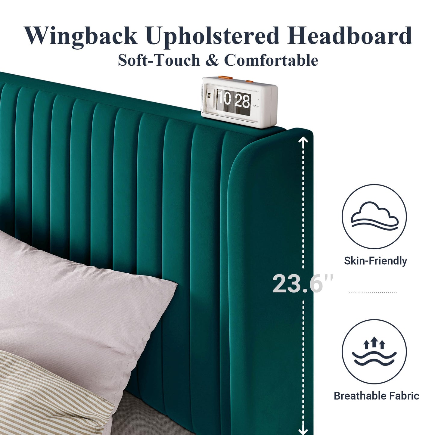 Allewie King Size Bed Frame/Velvet Upholstered Platform Bed/Vertical Channel Tufted Wingback Headboard/Strong Wooden Slats/No Box Spring Needed/Easy Assembly/Teal
