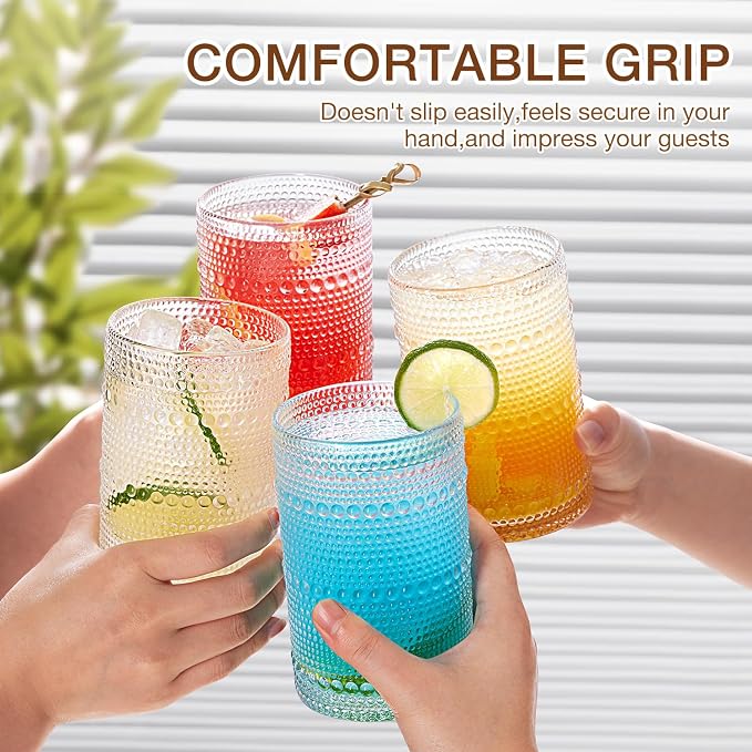 Hobnail Drinking Glasses Set of 8, 4 Highball Glasses 15oz,4 Rocks Glasses 12oz,Mixed Drink Cocktail Glass, Vintage Embossed Glassware Sets for Whiskey,mocktails, Water & Juice Drinkware